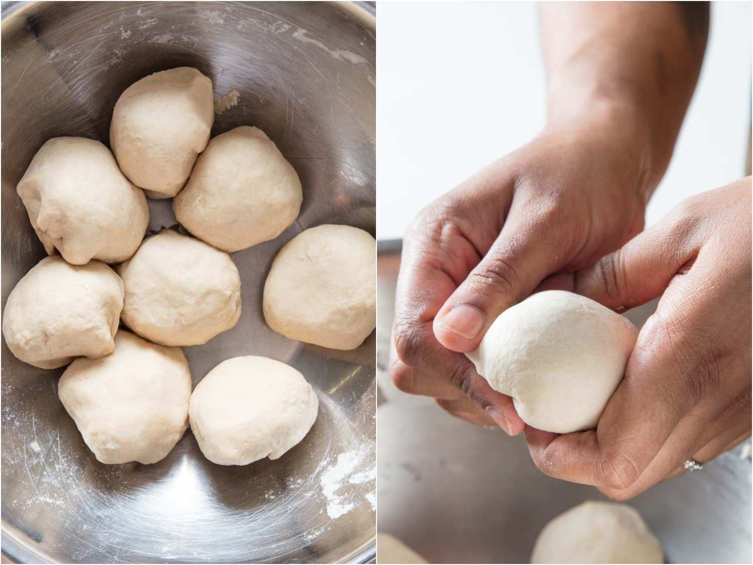 Collage of 2 images: Paratha dough balls resting in a bowl and being shaped by hand, and a hand shaping dough into a ball.