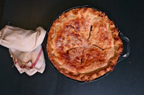 overhead view of skillet apple pie
