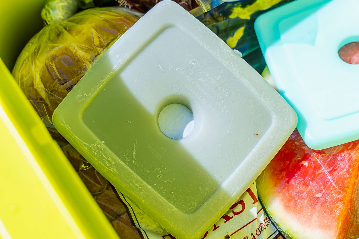 Two ice packs nestled into a cooler in the sun