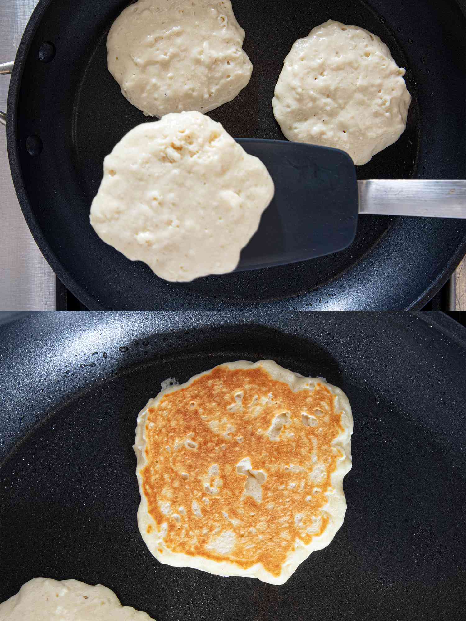 Two image collage of flipping pancake