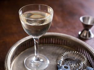 Closeup of a sherry martini, served on as silver platter.