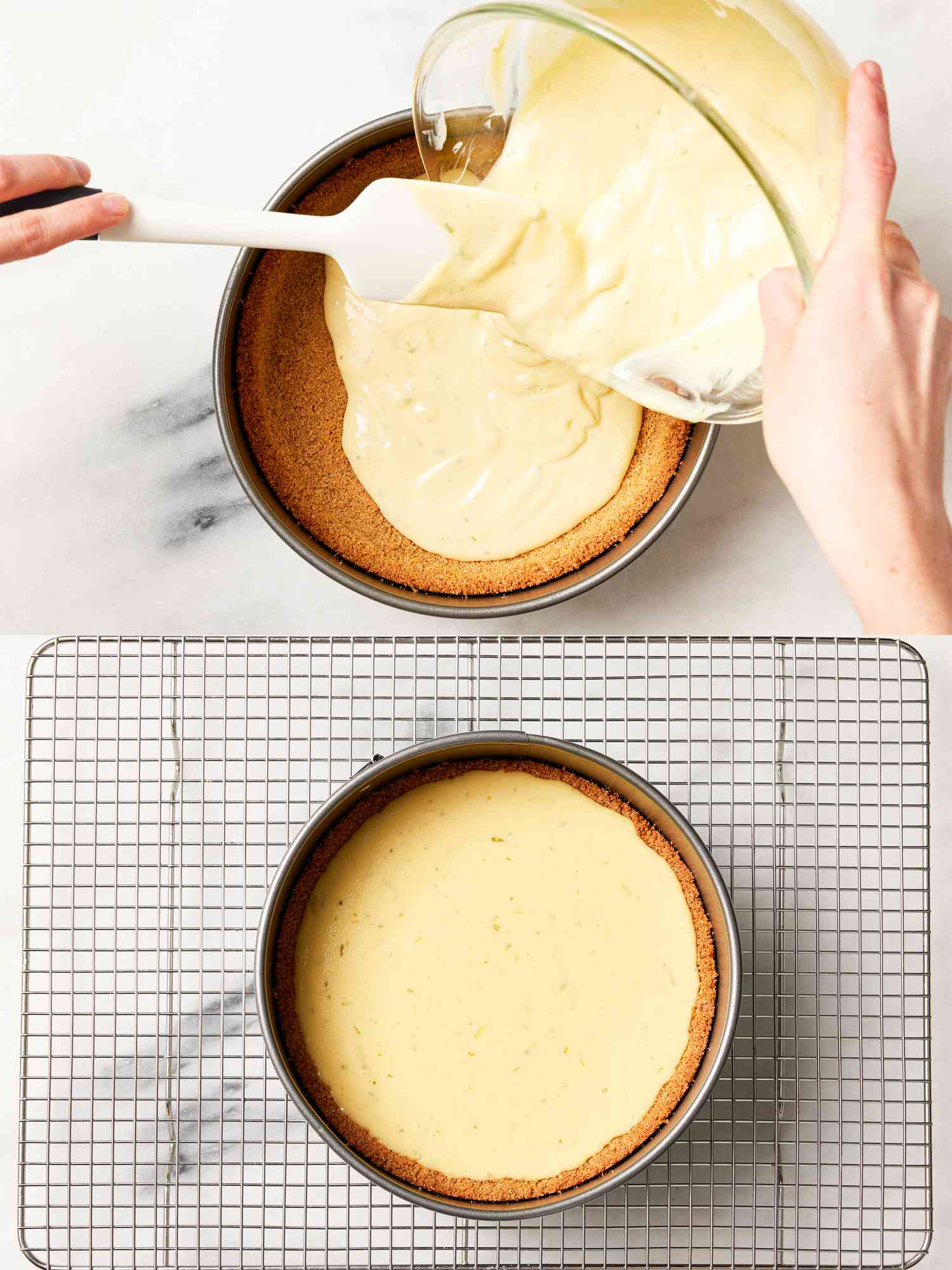 Two image collage of filling pie with filling and it cooling on a wire rack
