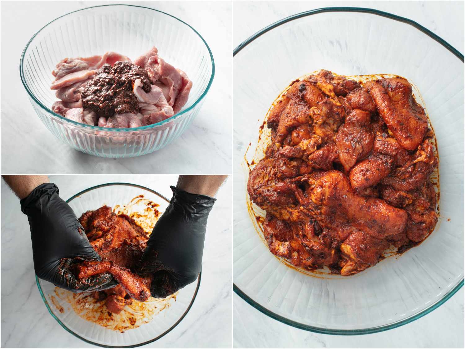 Collage of marinade and raw pork slices in glass bowl, gloved hands coating meat with marinade; marinated meat in glass bowl