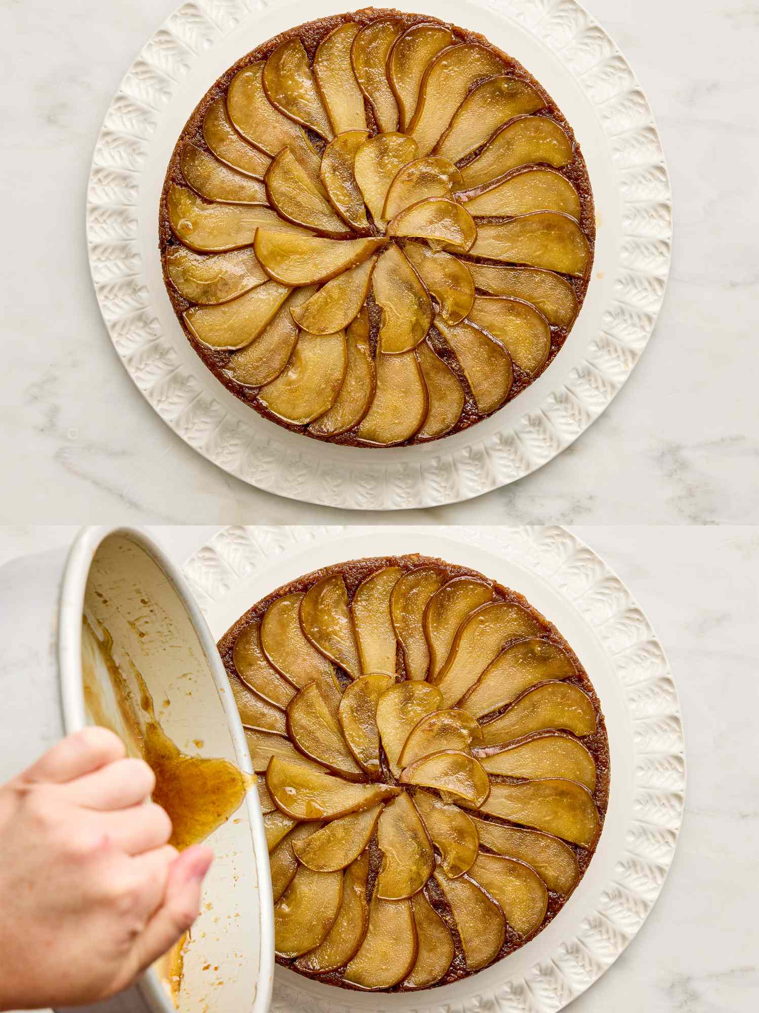 A pear upsidedown cake with syrup being poured on top by a hand holding a small dish