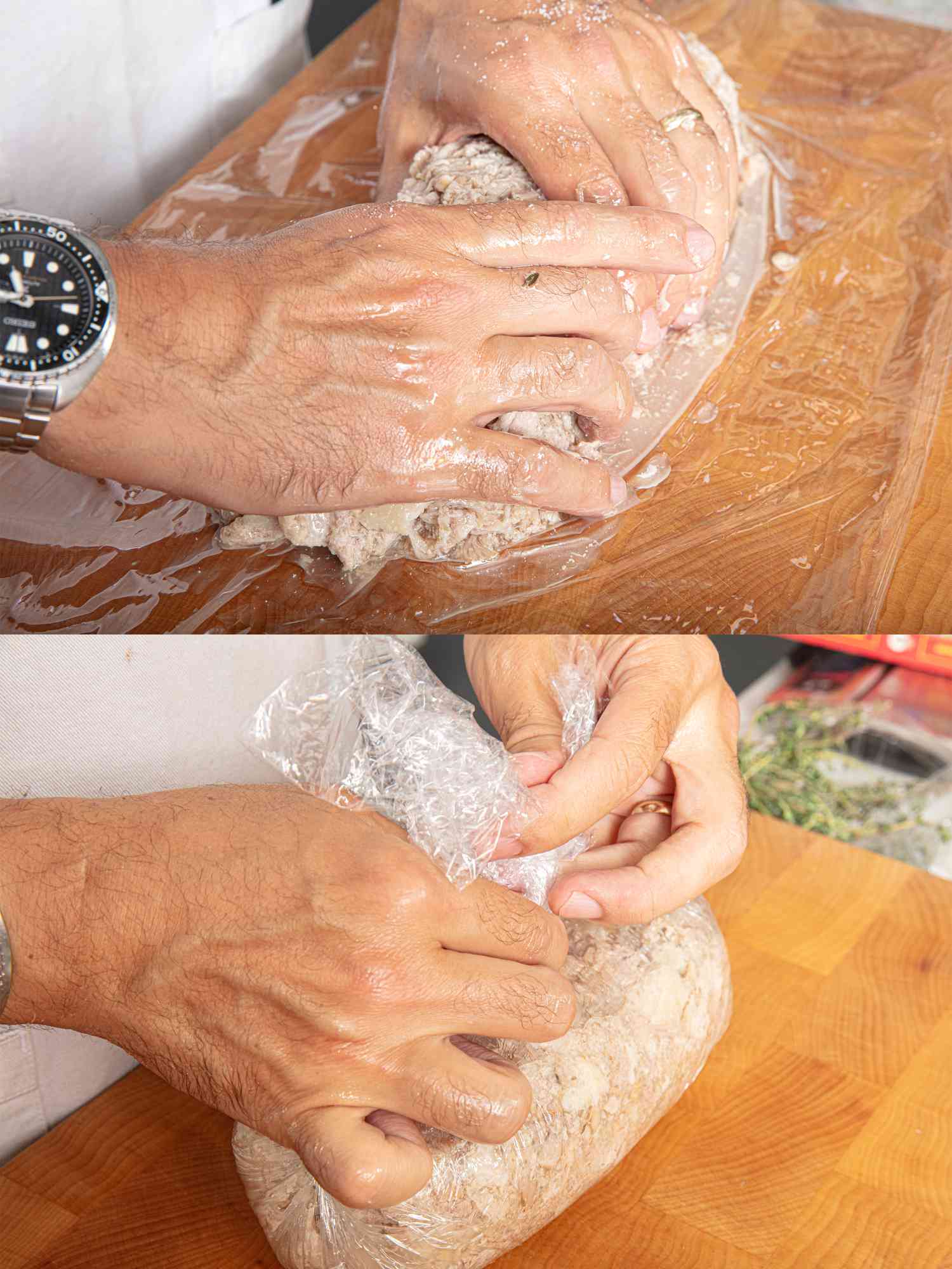 Two image collage of wrapping pork