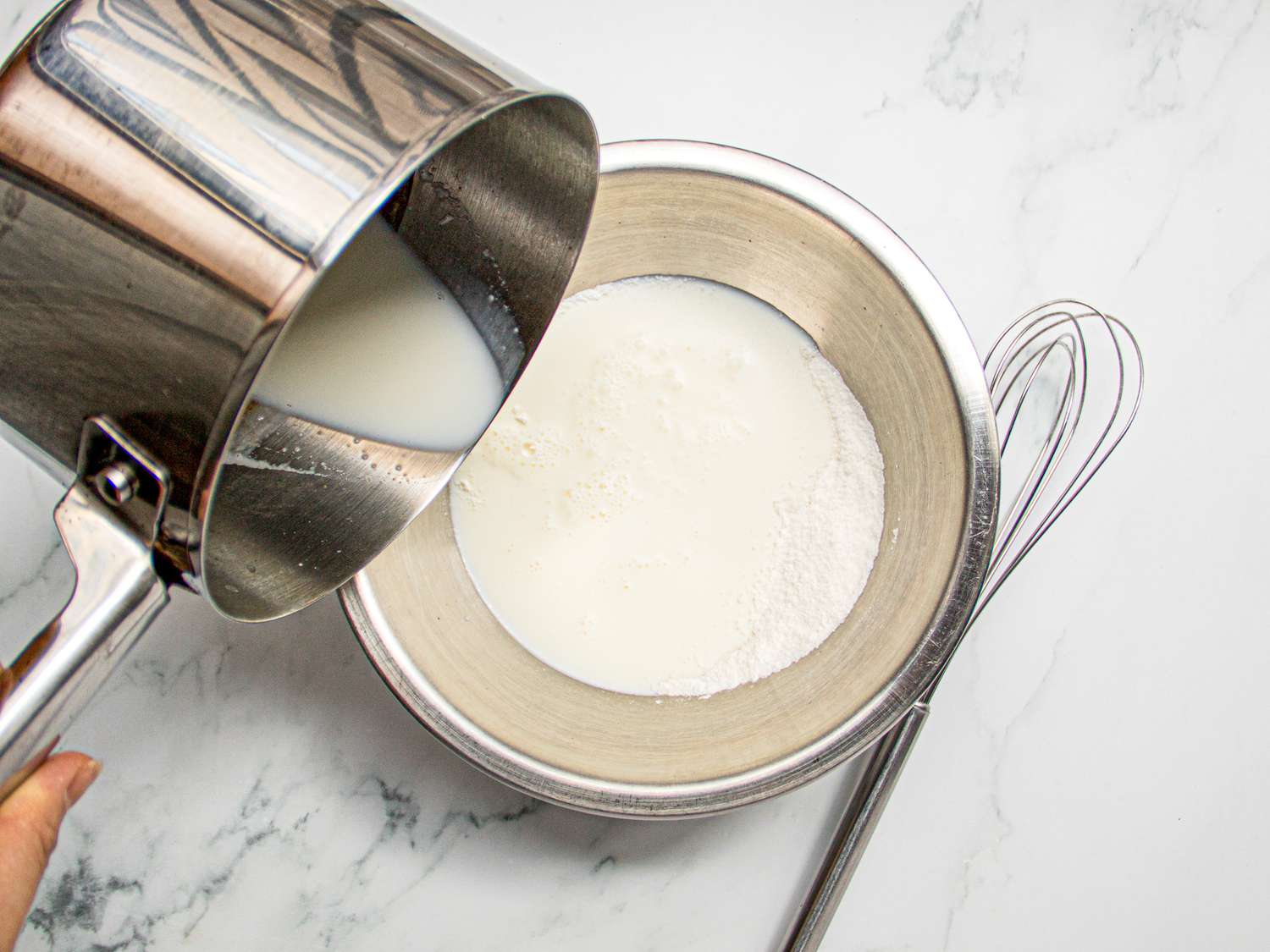 Overhead view adding milk to flour 