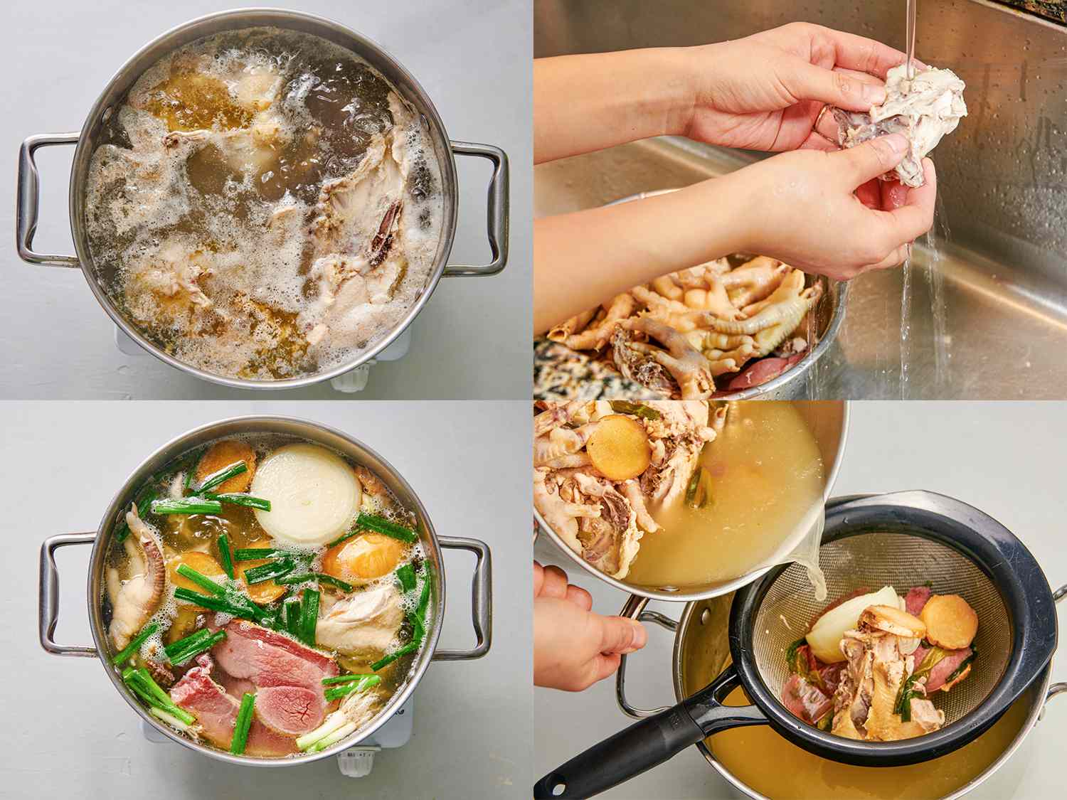 A four-image collage. The top left image shows chicken feet, chicken bones, and ham coming to a boil with water inside a large stockpot over high heat. The top right image shows a pair of hands rinsing the bones under running water in a sink, to remove any impurities. The bottom left image shows the bones inside of a large pot with at a bare simmer with ginger, garlic, onion, and 6 scallions. The bottom right image shows the cooked bones and opaque broth being poured through a mesh strainer, with the broth being caught in another pot.