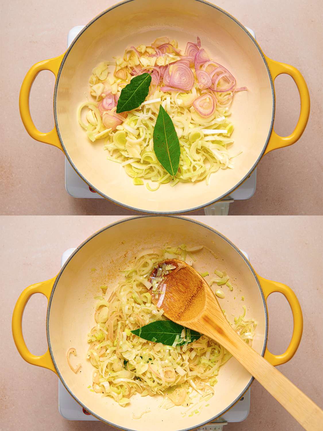 A two-image collage. The top image shows leeks, shallot, garlic, and bay leaves added to melted butter inside a Dutch oven. The bottom image shows those ingredients softened but now browned, being stirred with a wooden spoon.
