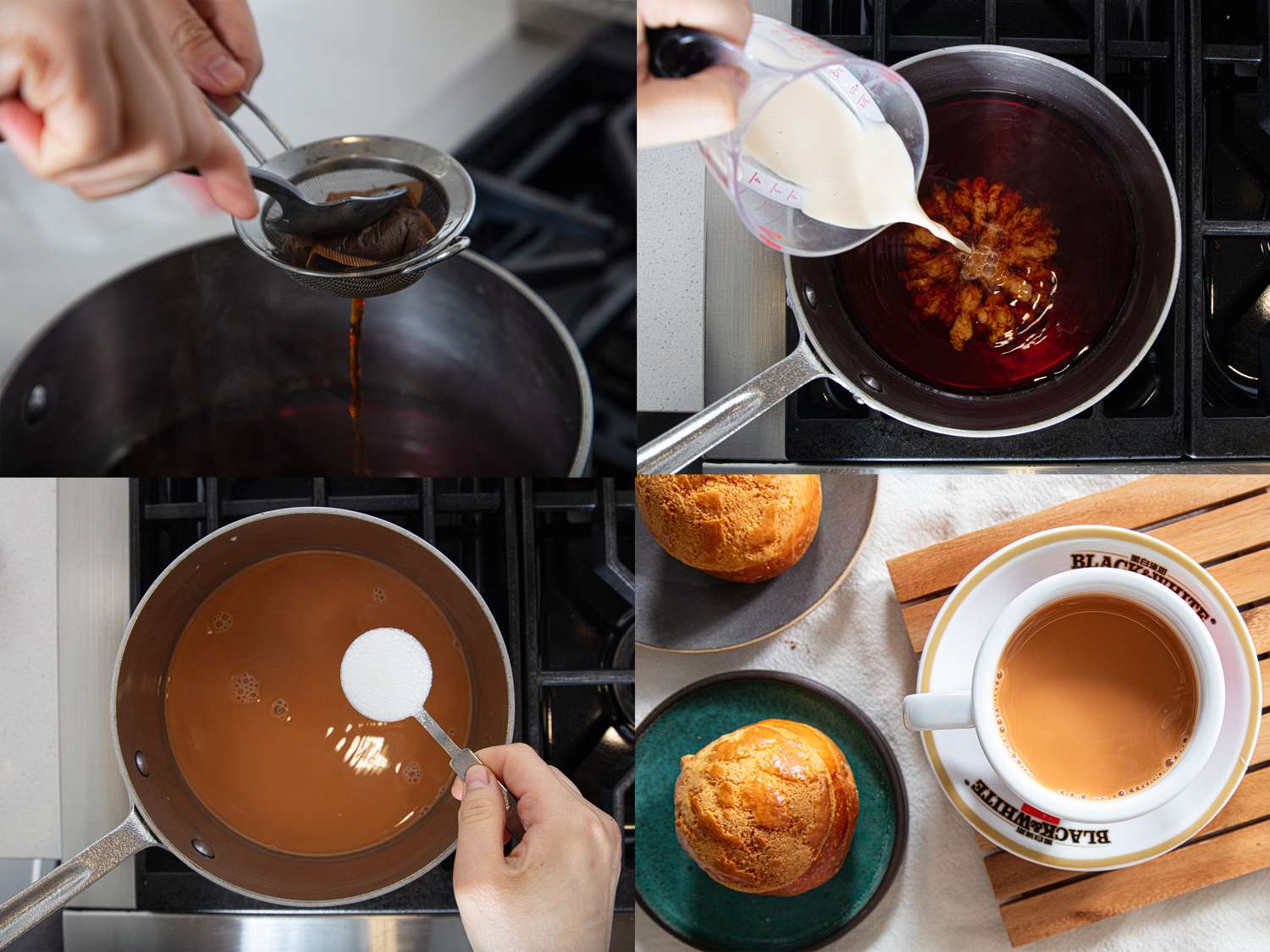 Steps in the process of making milk tea shown through four stages of preparation including brewing tea leaves adding milk and serving