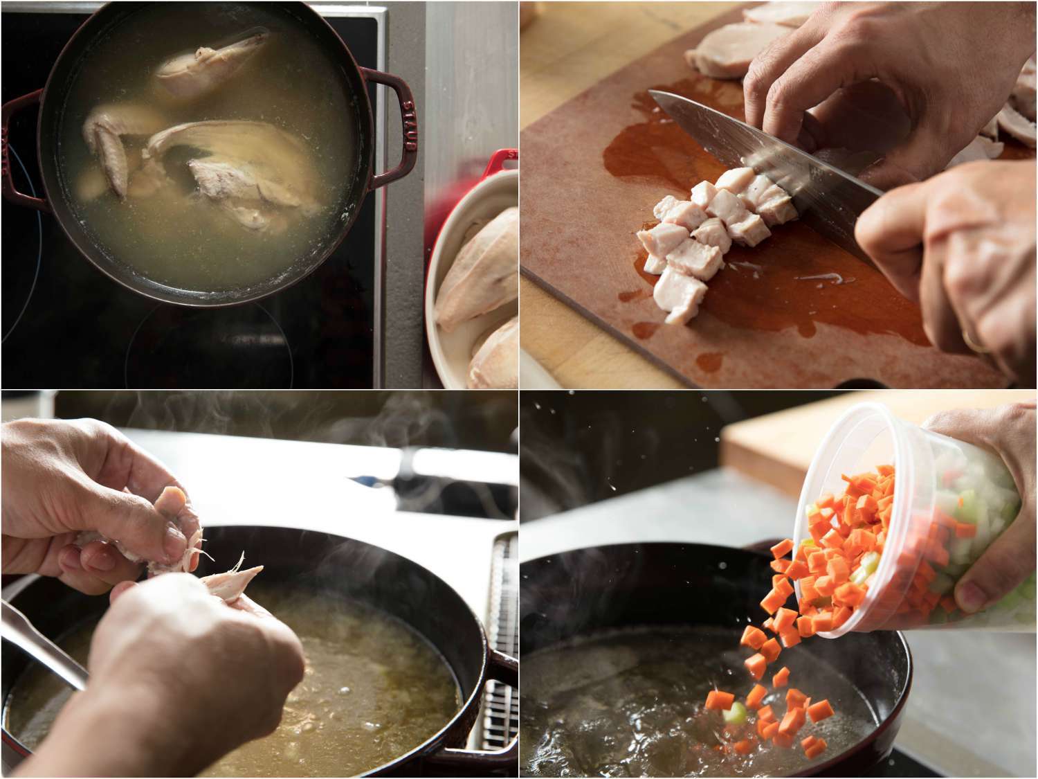 Photo collage of making chicken soup: chicken simmering in stock, dicing poached chicken, tearing chicken into pieces, adding diced vegetables to soup.