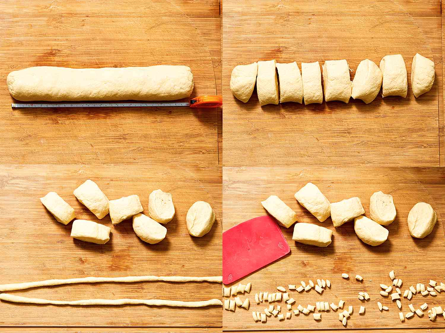 Four image collage showing the steps to cutting the dough into gnocci sized shapes