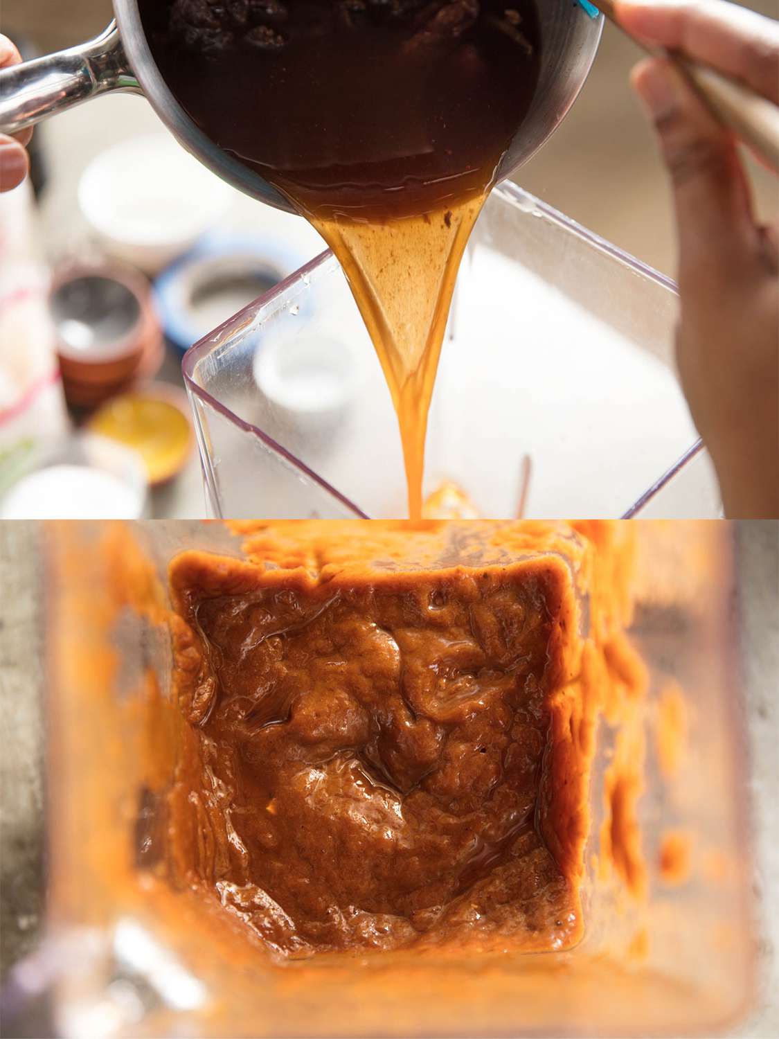 A two-image collage. The top image shows the cooked tamarind chutney being poured from a stainless steel pot into a blender. The bottom image shows the interior of the blender bowl holding the thick, blended chutney.