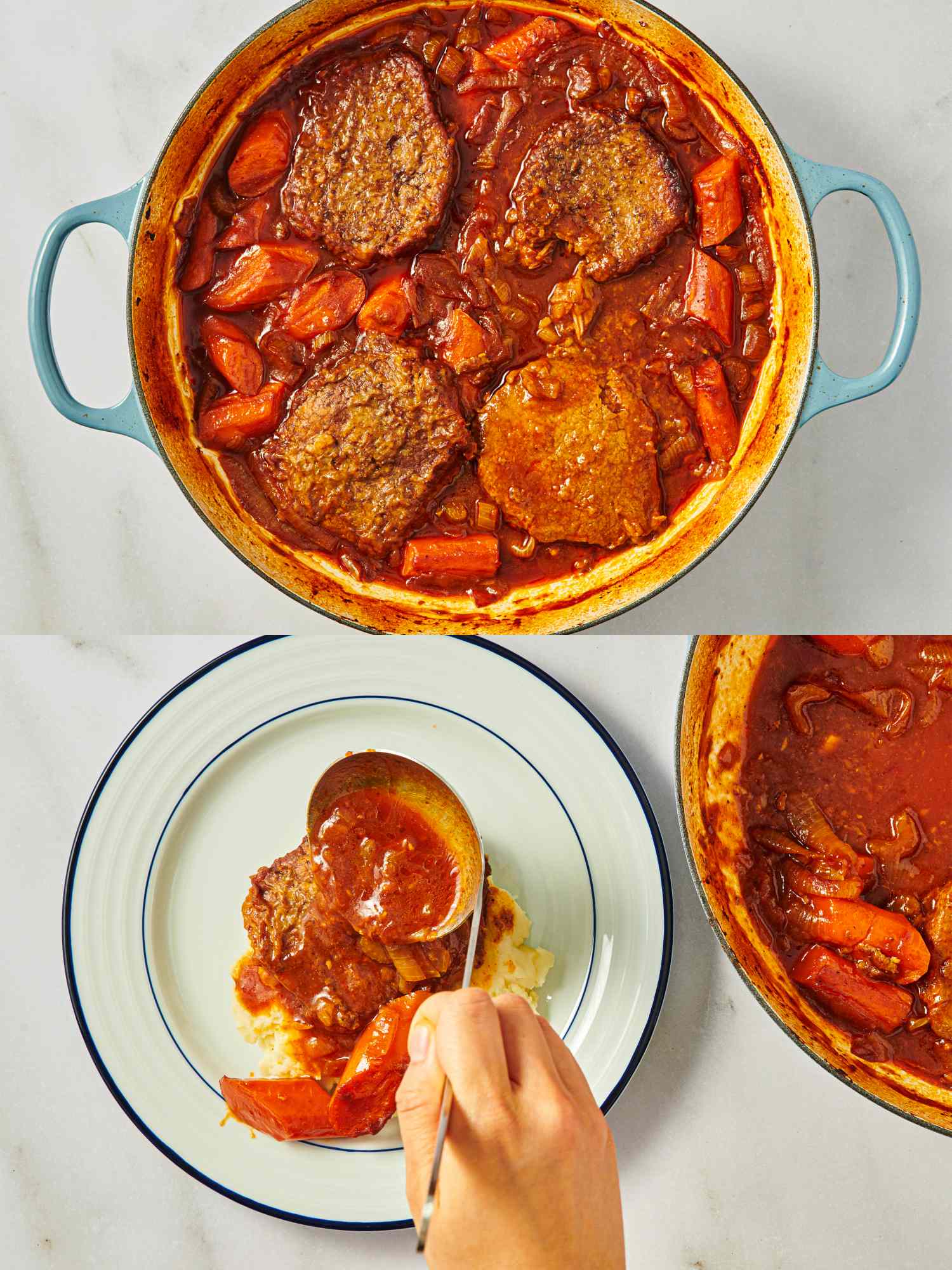Swiss steak dish in a pot and being served onto a plate with sauce