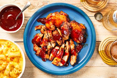 Overhead view of air fryer bbq chicken