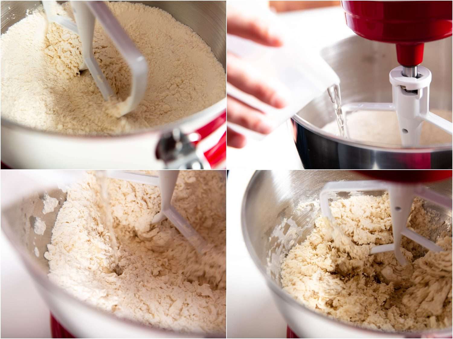 Collage depicting steps of mixing alkaline noodle dough. Clockwise from top left: flour mixture being mixed, alkalized water being added to stand mixer bowl, view of interior of stand mixer bowl with wet dough mixture, bowl of stand mixer with just-added water showing dry dough and clumps of wet dough