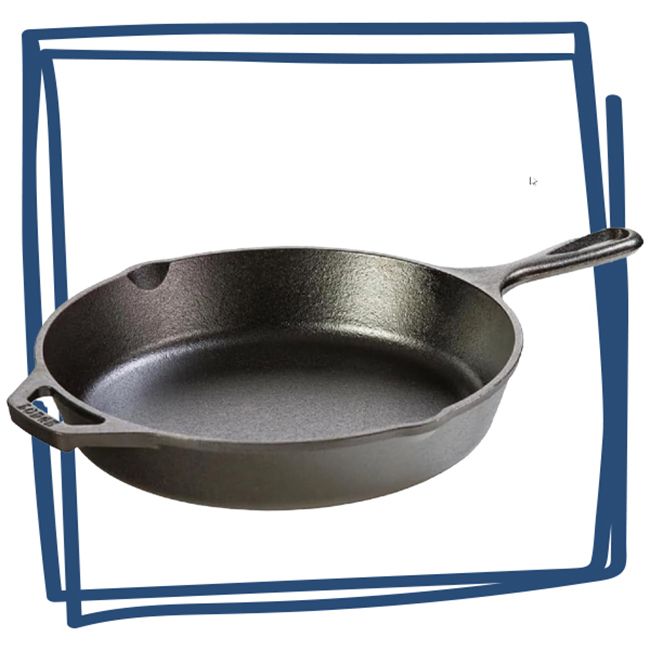 Cast iron skillet with a handle shown on a white background with a blue outline accent