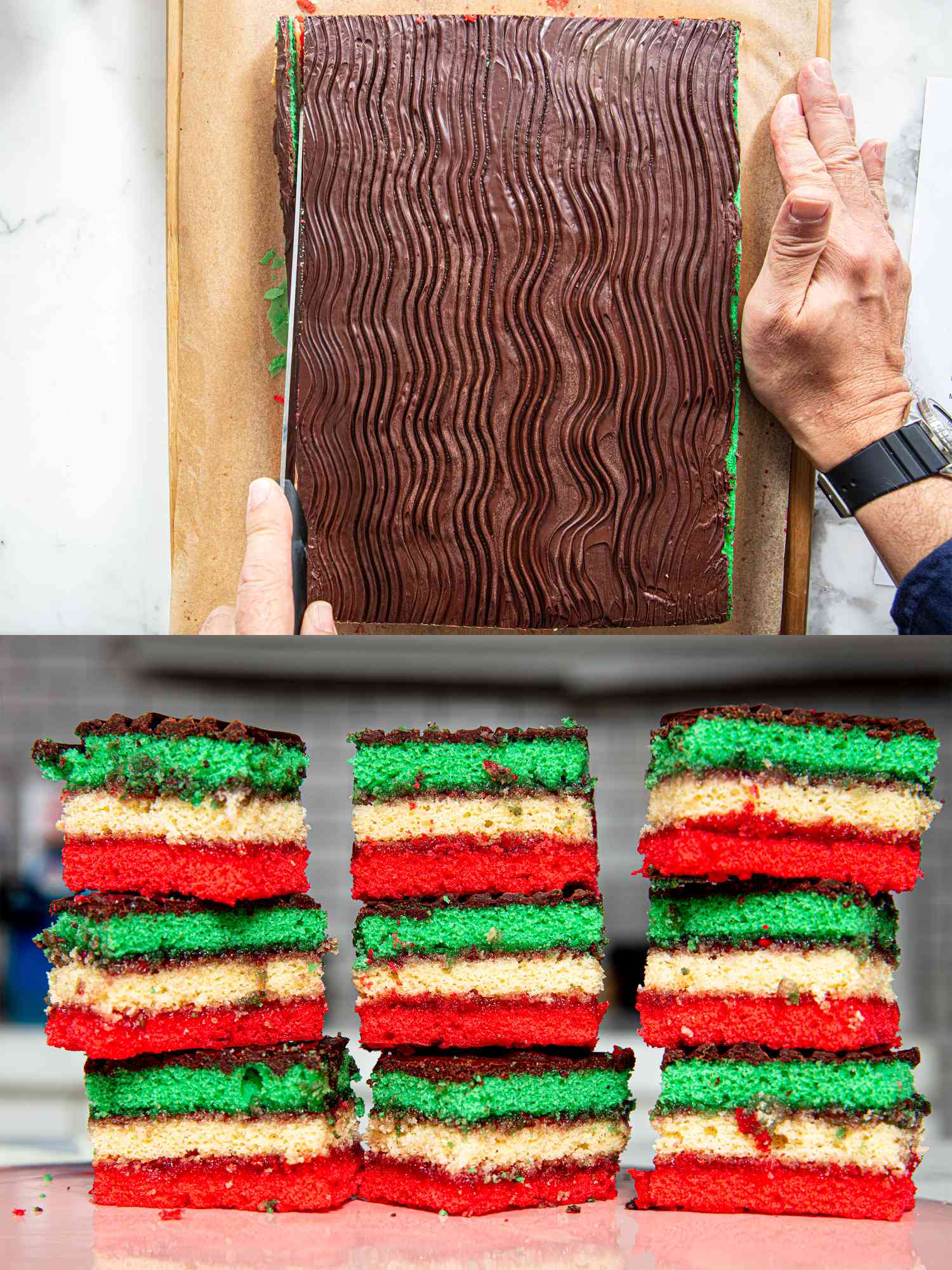 Overhead view of trimming cookies and finished cookies stacked