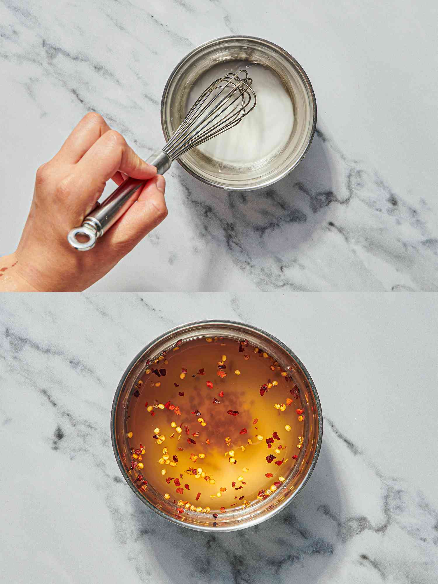 Two image collage of prepping cornstarch and stock