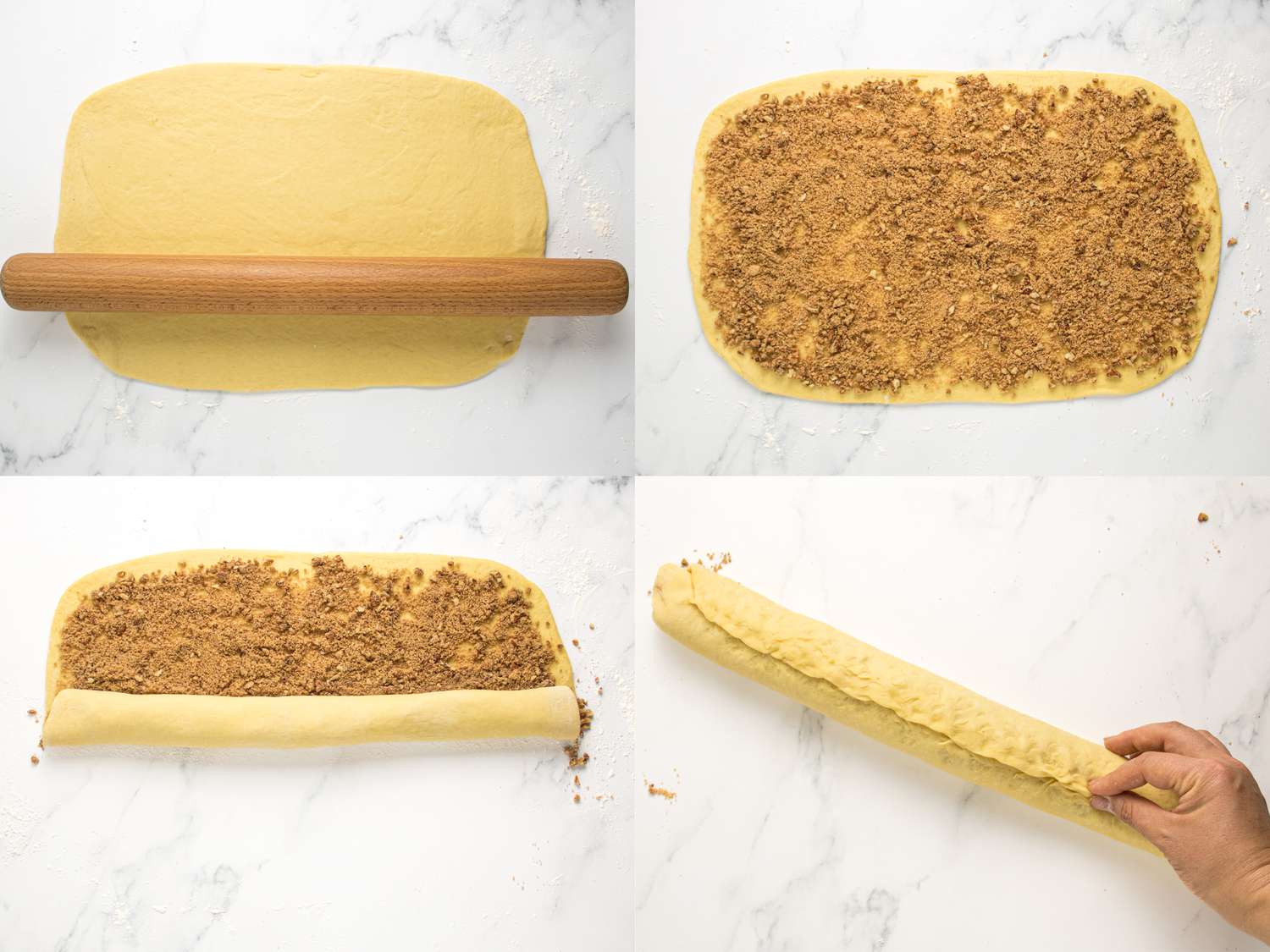 4 image collage. Top Left: Rolled out dough on a floured surface with a rolling pin . Top right: scattering pecan filling on the entire surface of the dough Bottom left:Tightly rolling dough on a marble surface. Bottom Right: Dough rolled tightly and a hand pinching the ends of each end together. 