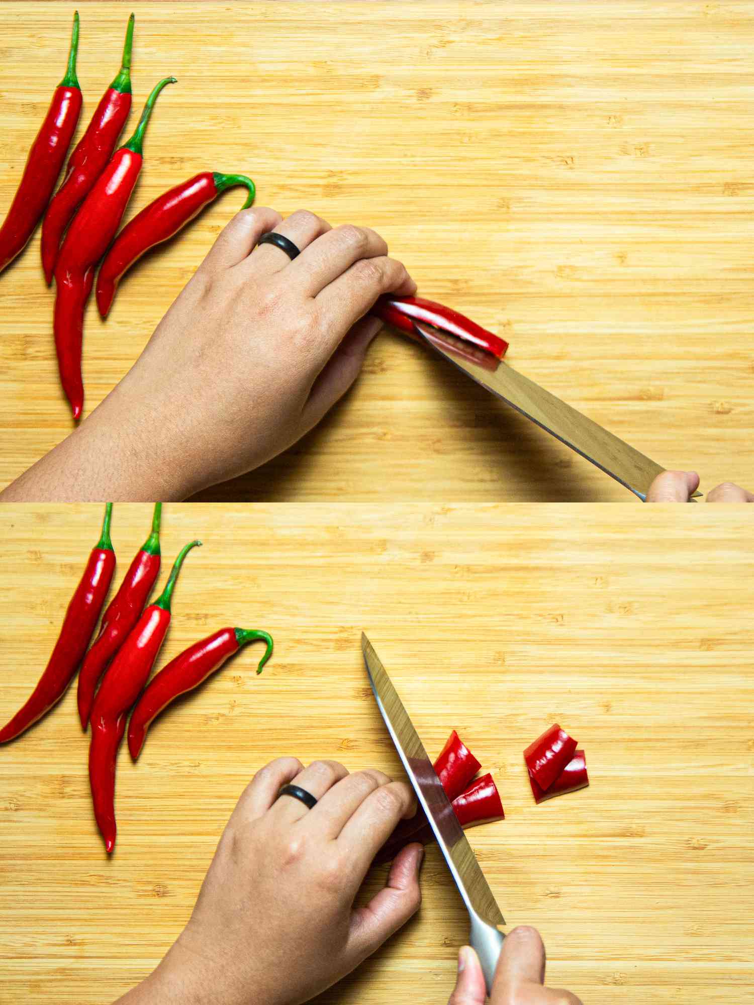 Two image collage of seeding and cutting peppers
