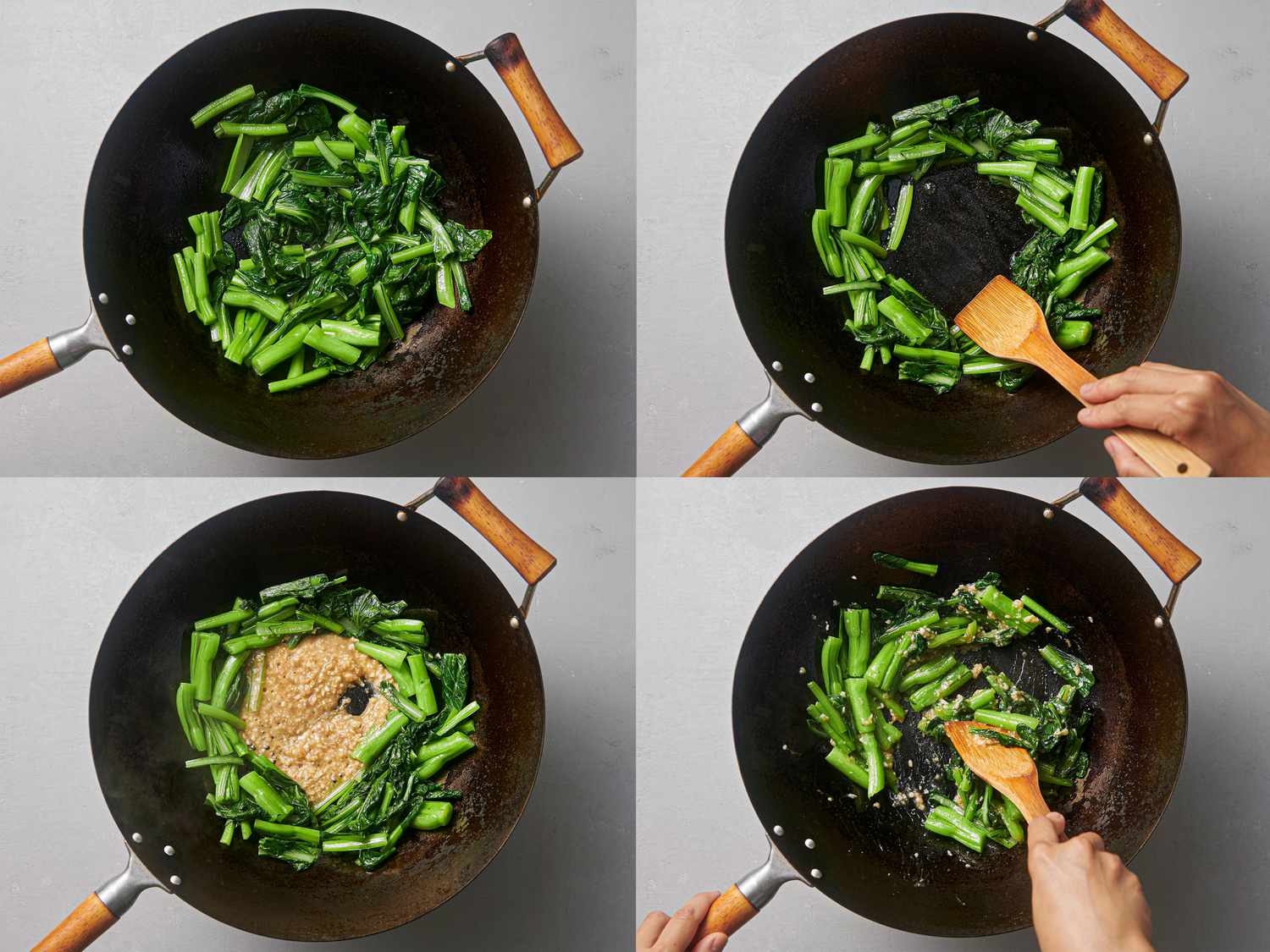 A collage of choy sum inside wok