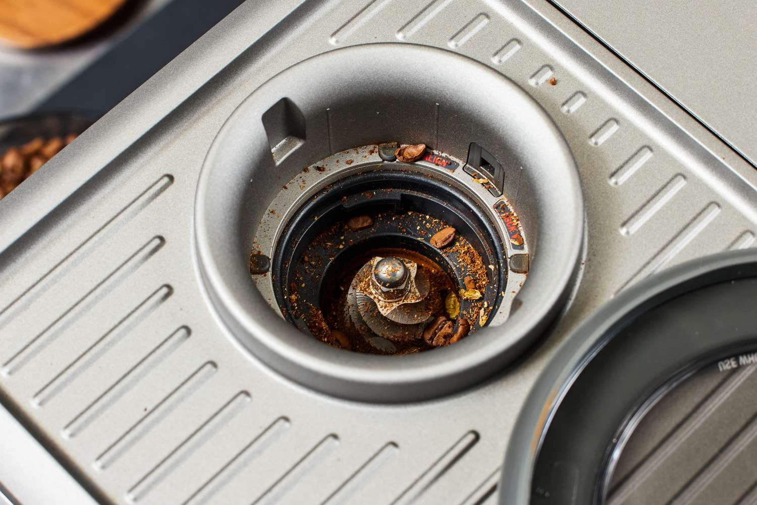 Close up of the coffee grinder section of the Breville Barista Express Impress