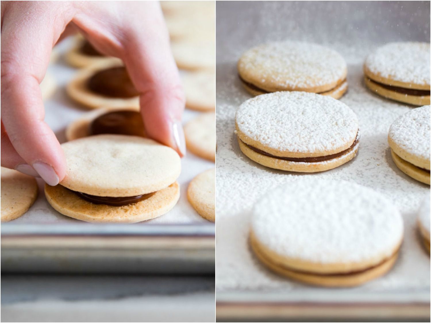 Collage of alfajores being assembled and dusted with powdered sugar.