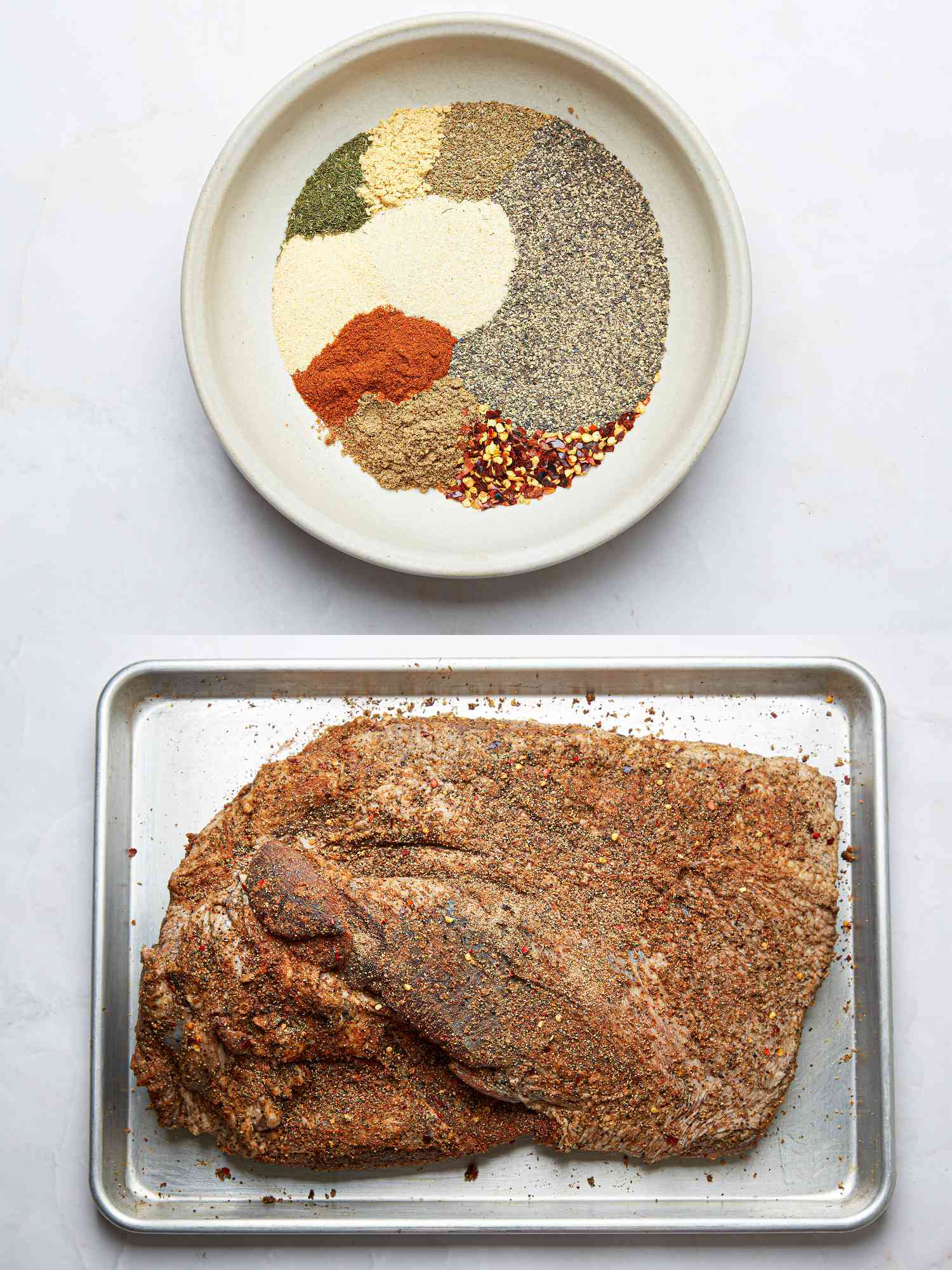 Two image collage of spice rub before and after being placed on roast