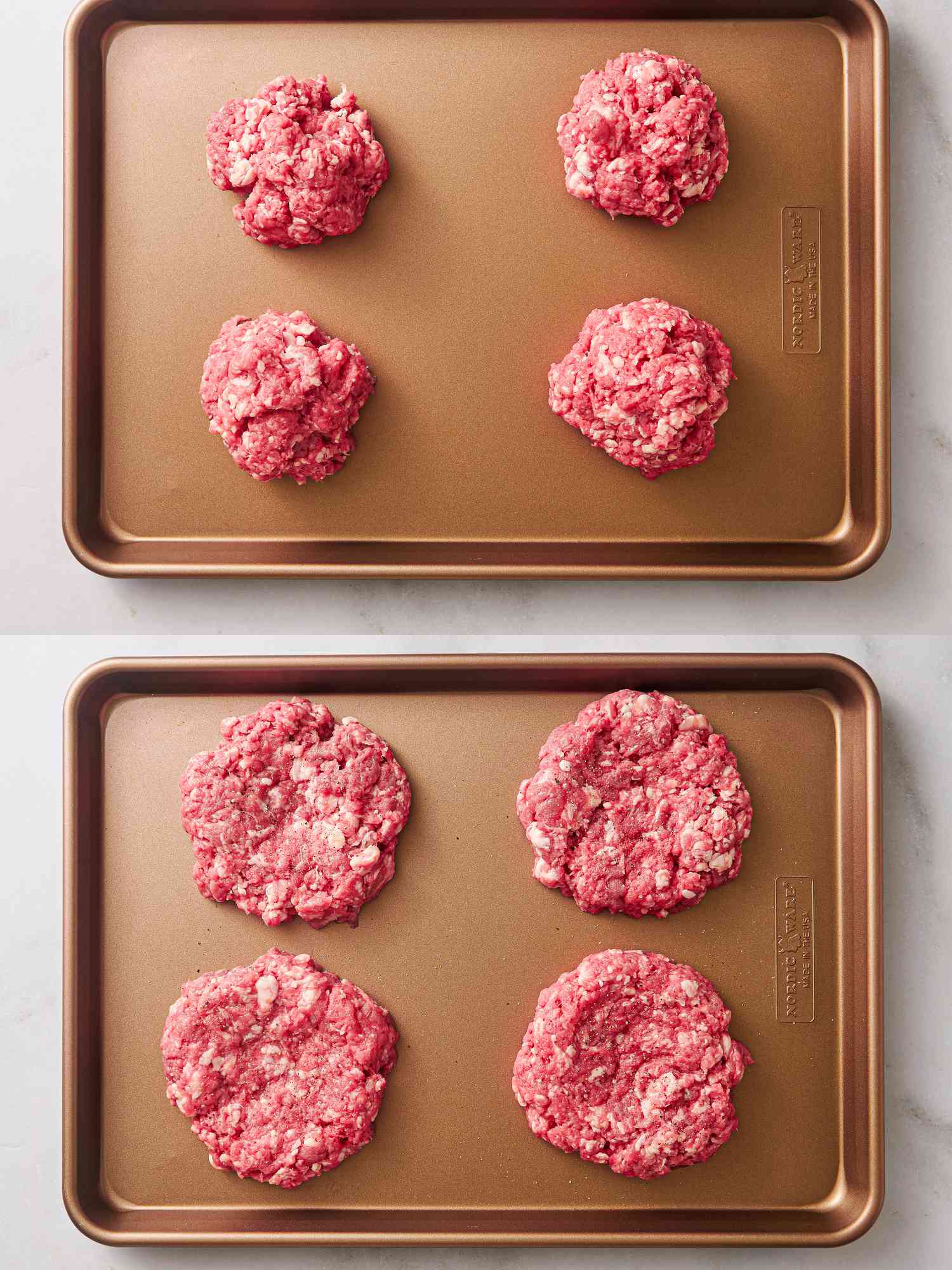 Meat mixture divided into four piles on a large tray and then pressed into patties