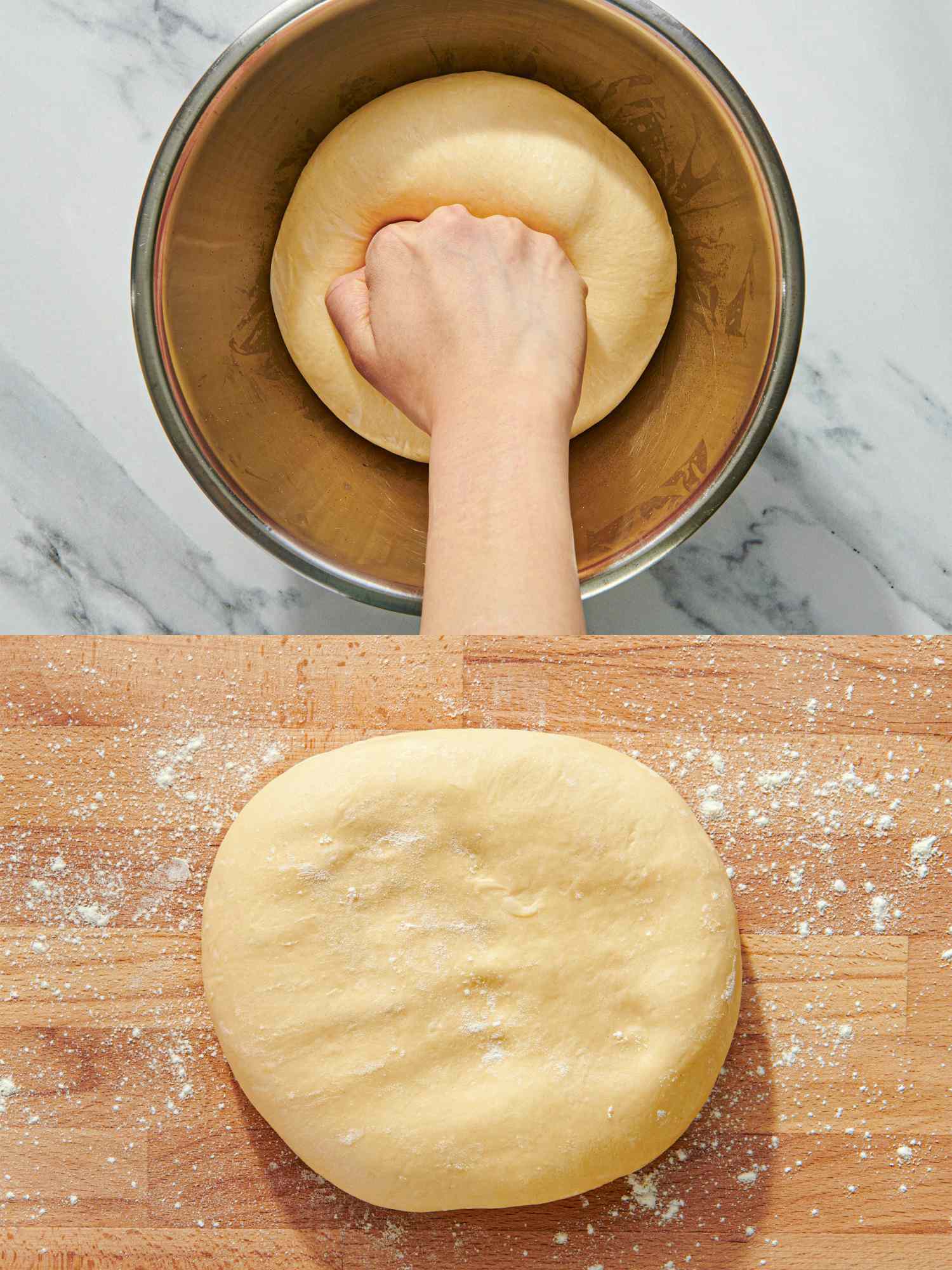 Twostep process of preparing dough kneading in a bowl and laid flat on a surface