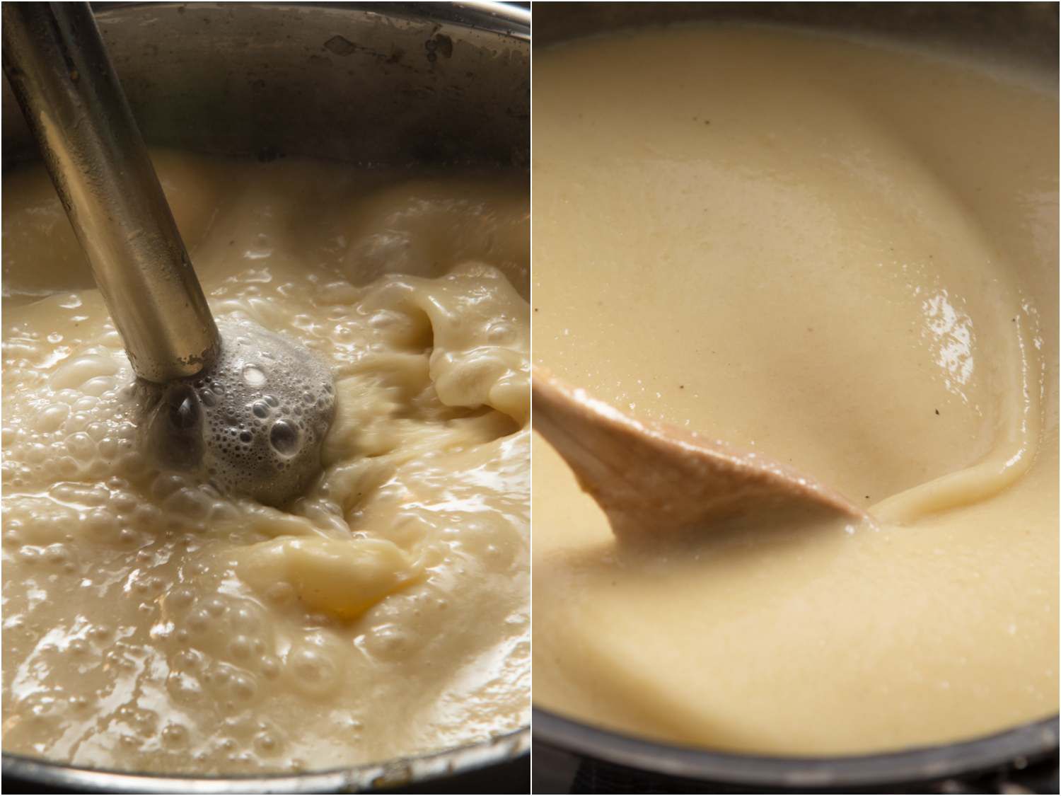 collage: an immersion blender blending the soup into a creamy texture