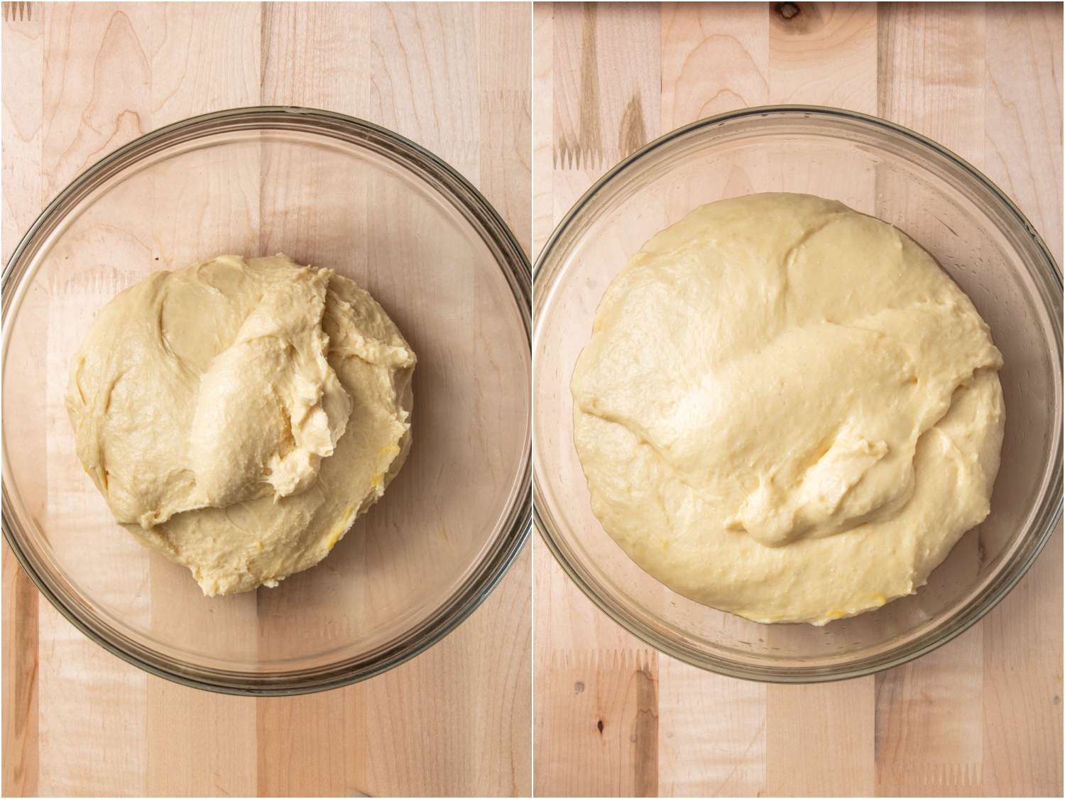before and after of pandesal dough after resting and doubling in size