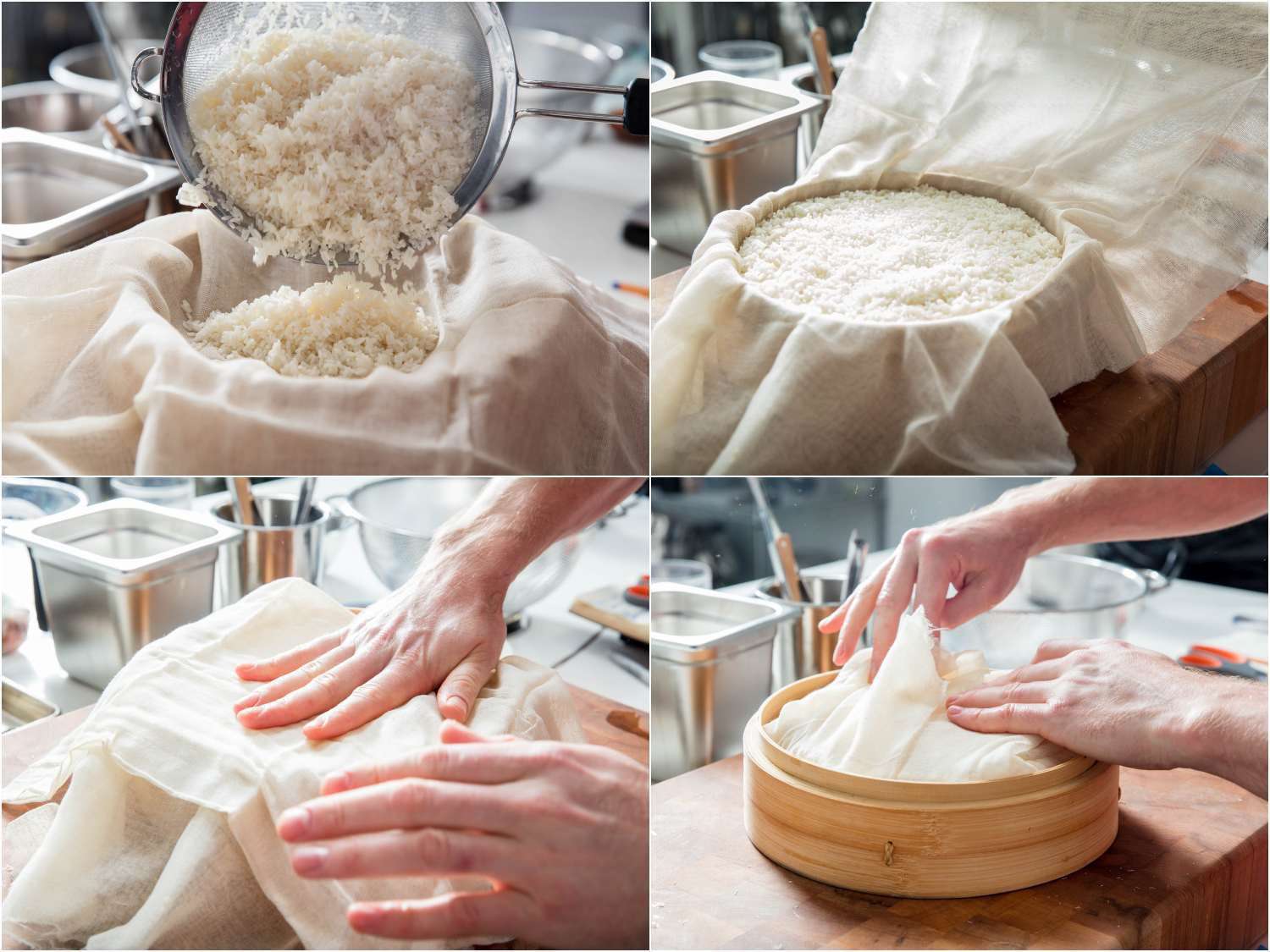 4-image collage of placing glutinous rice in a bamboo steamer lined with cheesecloth, closing the cheesecloth to create a parcel inside the steamer. 