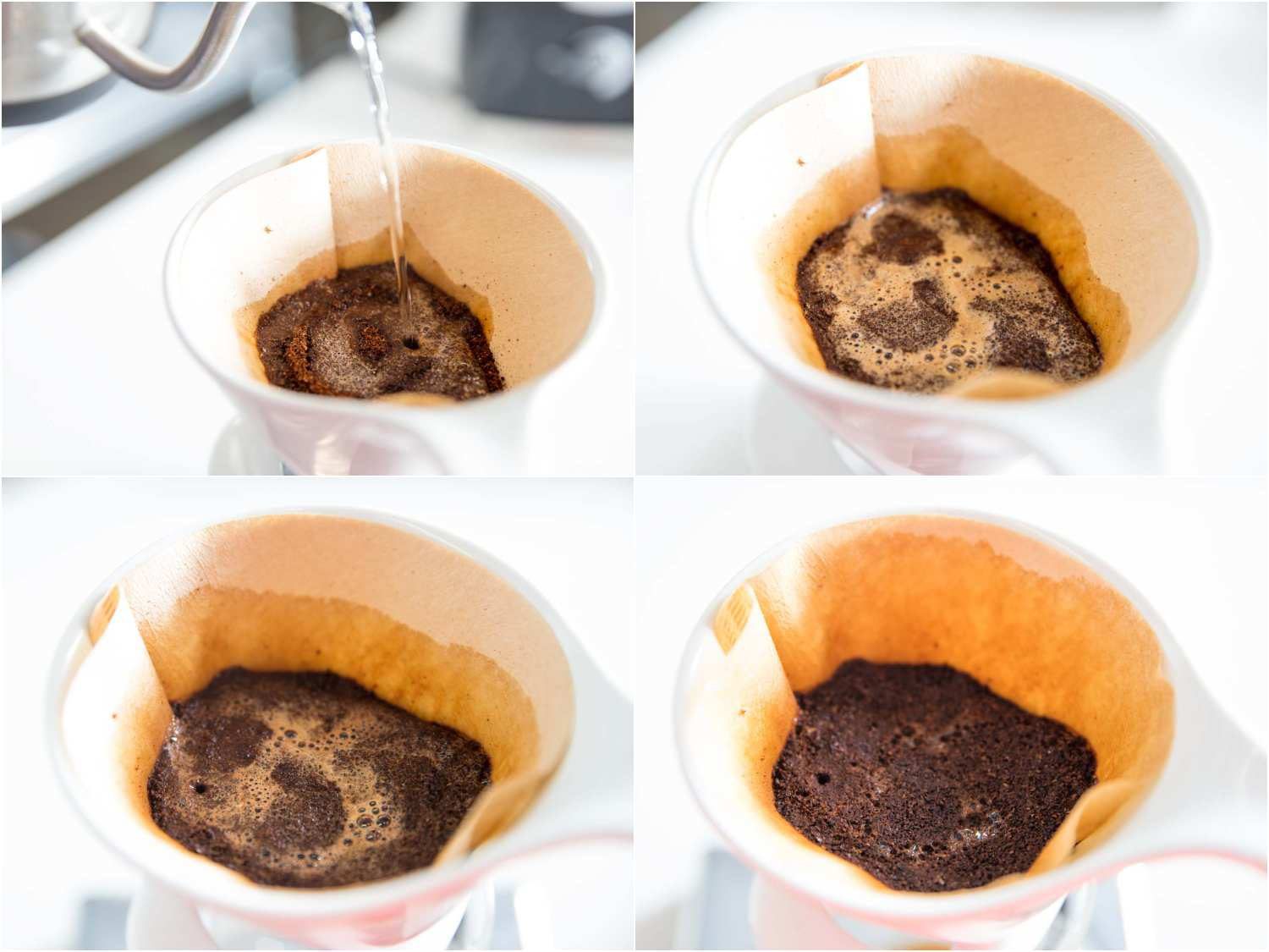 Collage of coffee-blooming process: pouring hot water over grounds in a pourover cone, water seeping in, water fully absorbed into grounds.