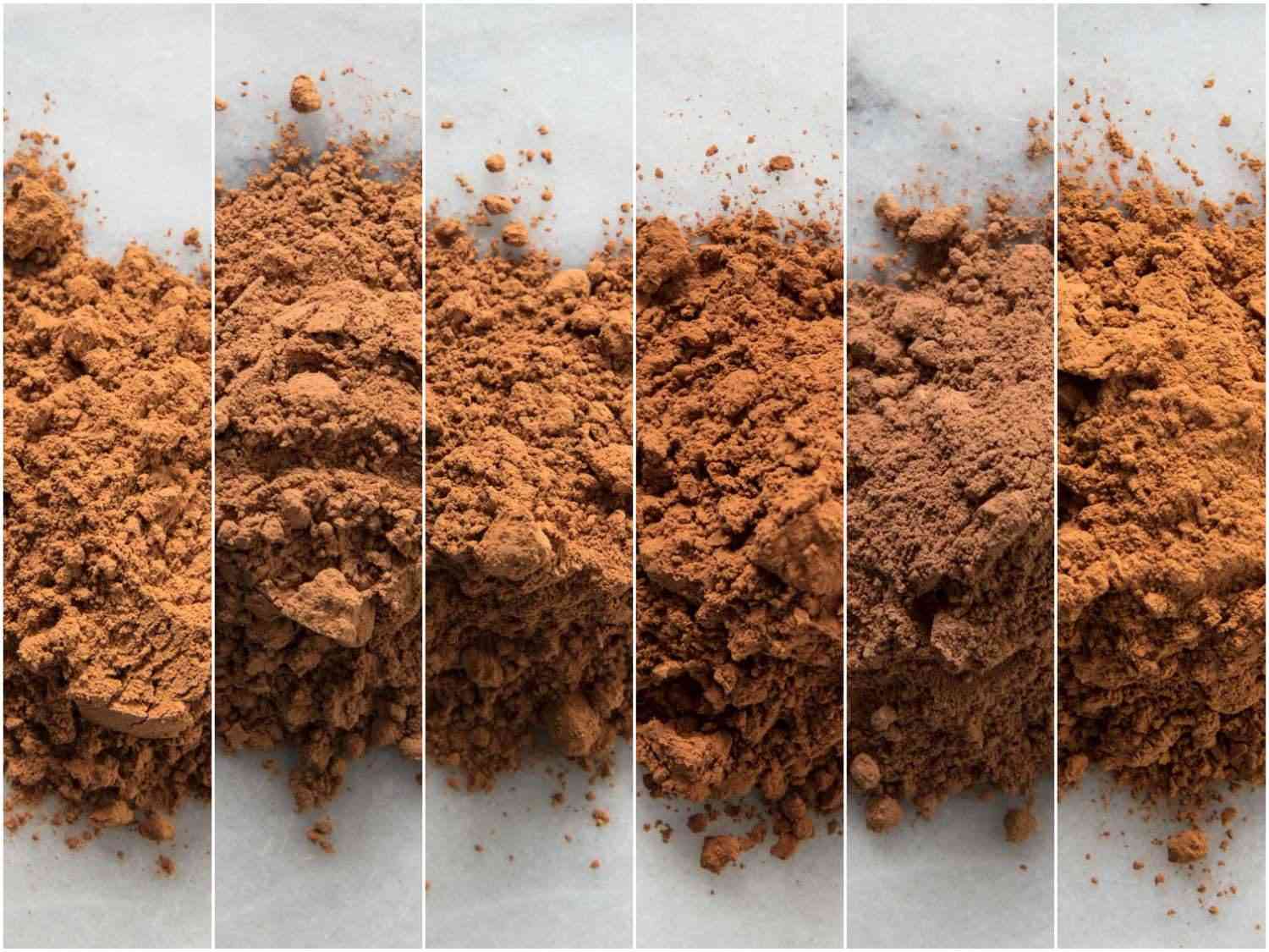 Collage of five natural cocoa powders and one low-fat powder for comparison