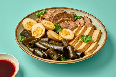Overhead view of plated taiwanese braising bowl