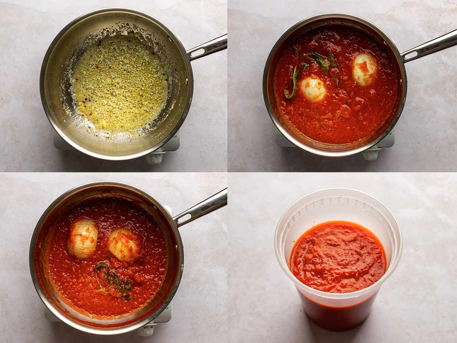 A four-image collage. The top left image shows the butter, oil, garlic, oregano, pepper flakes, and large pinch salt being cooked until fragrant but not browned. The top right image shows the pureed tomatoes, onion halves, basil sprigs, and sugar in a saucepan. The bottom left image shows the tomatoes now cooked down until reduced by half. The bottom right image shows the cooked sauce inside of a quart-sized plastic container.