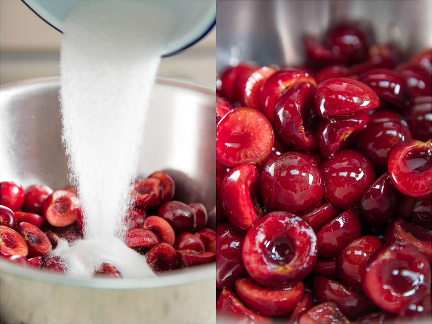 Collage of 2 images showing halved cherries being macerated with sugar.