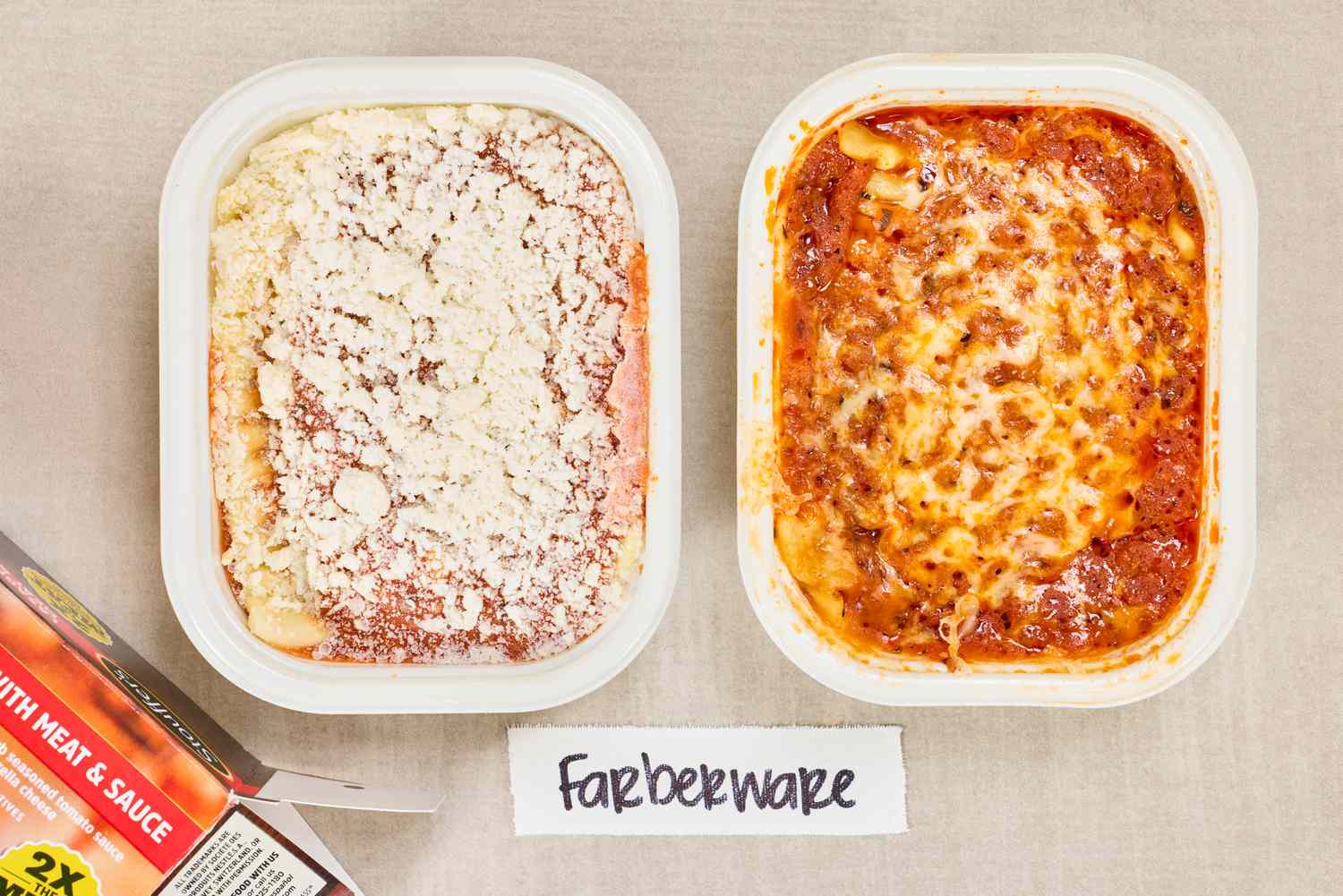 A meal cooked in the Farberware Countertop Compact Microwave (FMWO11AHTBKB) next to an uncooked meal