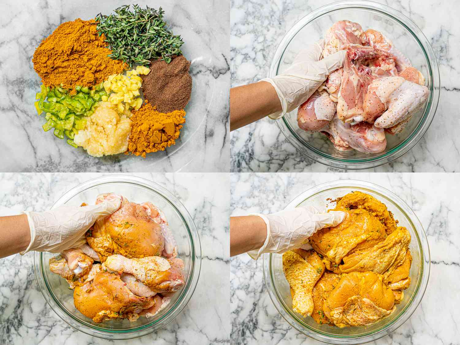 Four image collage of spices and marinading chicken