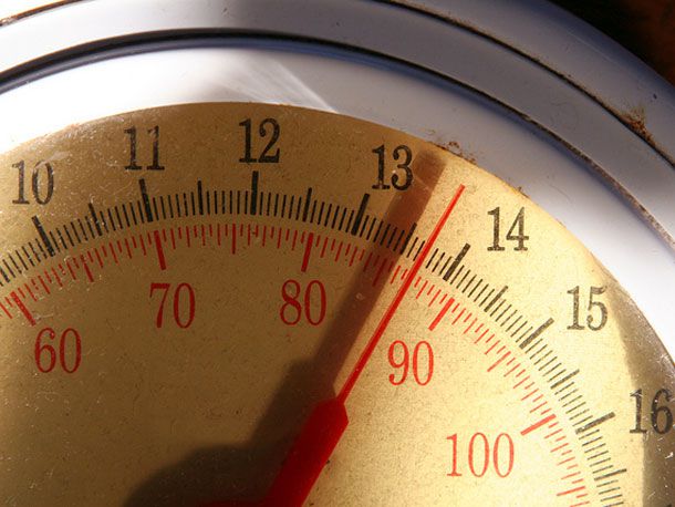 Close up of the face of an analog kitchen scale that reads 13 pounds, 10 ounces.