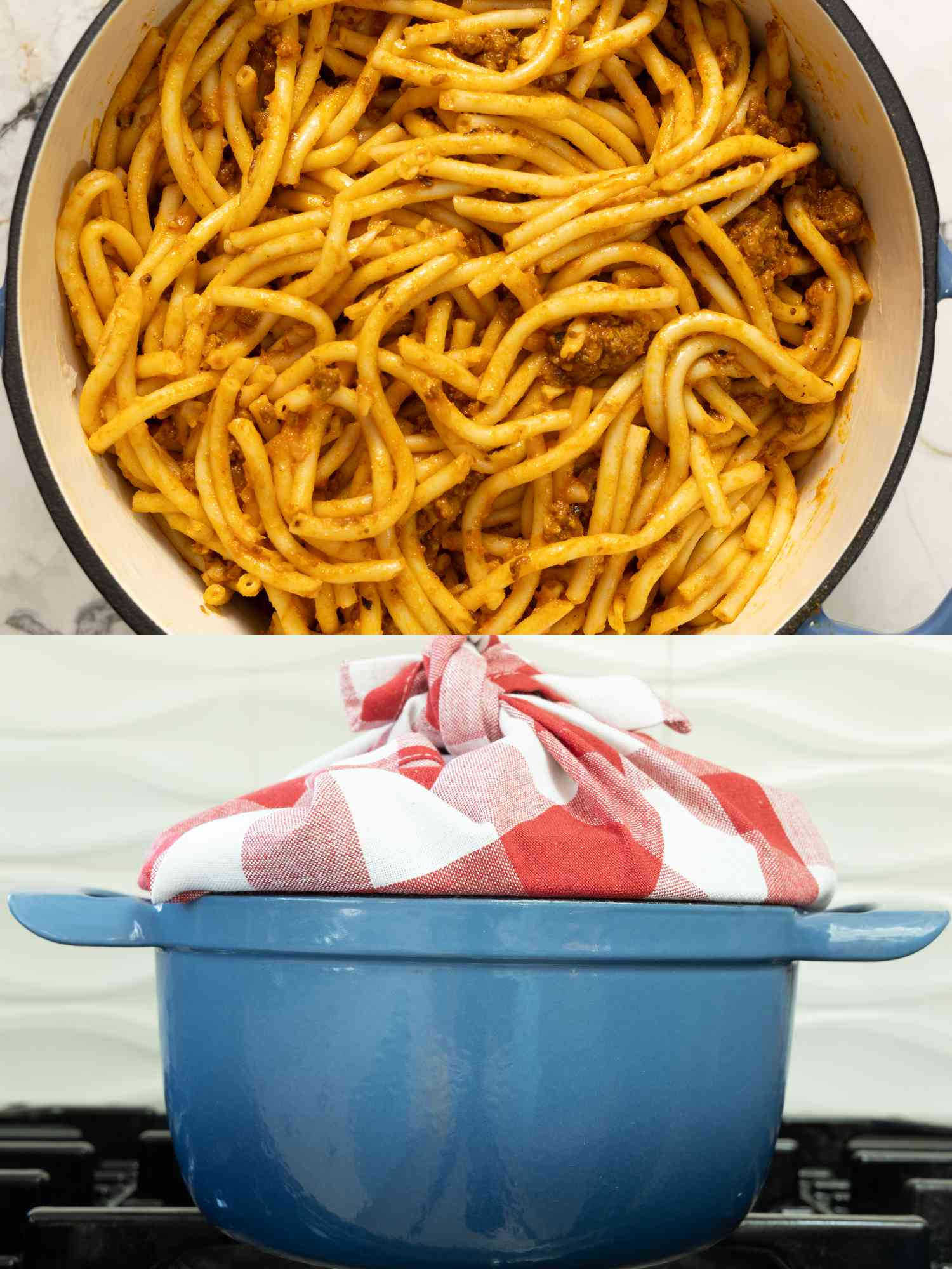2 image collage. Top: macaroni mixture cooking in dutch oven. Bottom: dutch oven with lid wrapped in kitchen towel 