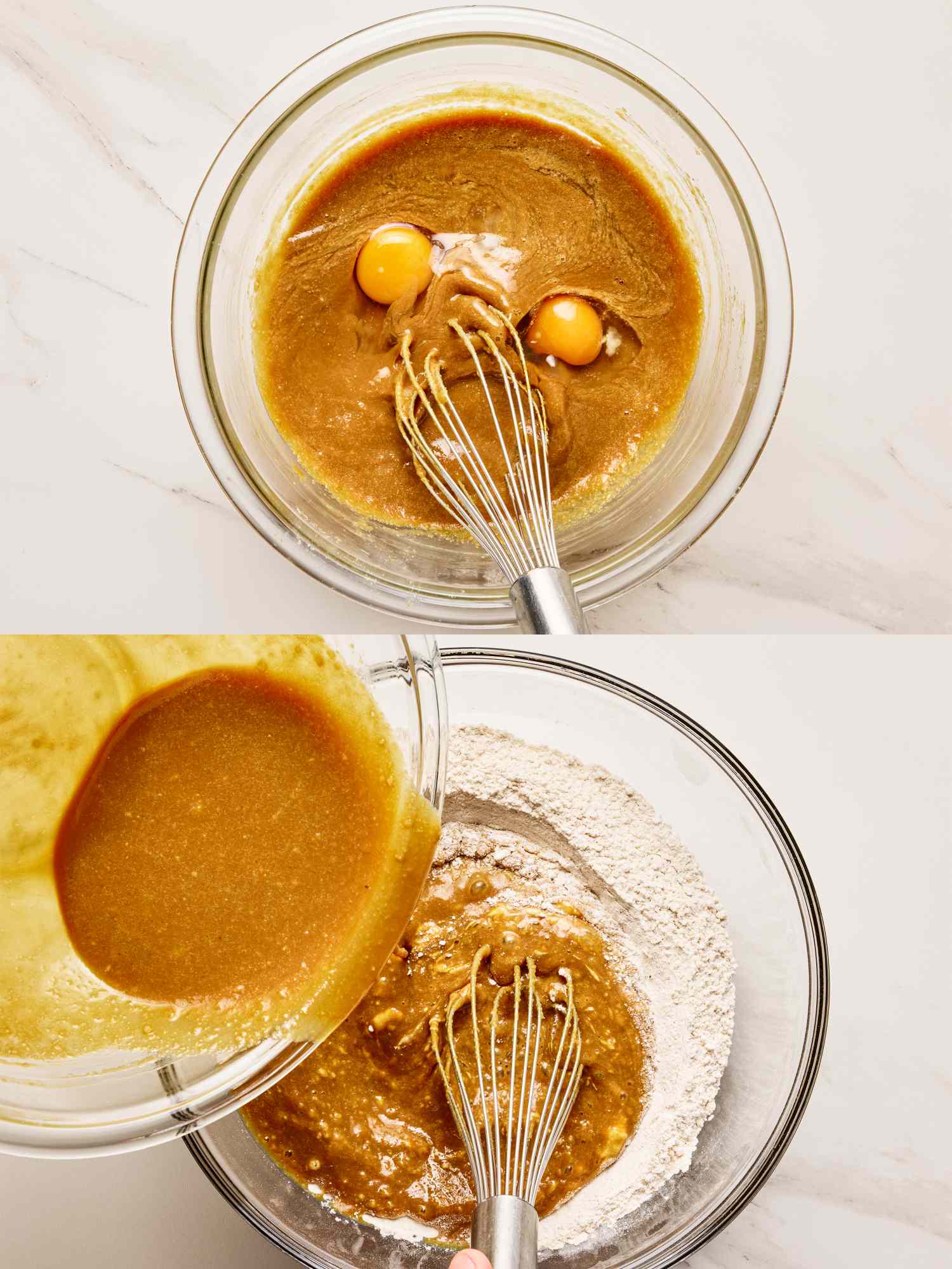 Two stages of gingerbread batter preparation the first with eggs added to wet ingredients and the second mixing wet and dry ingredients