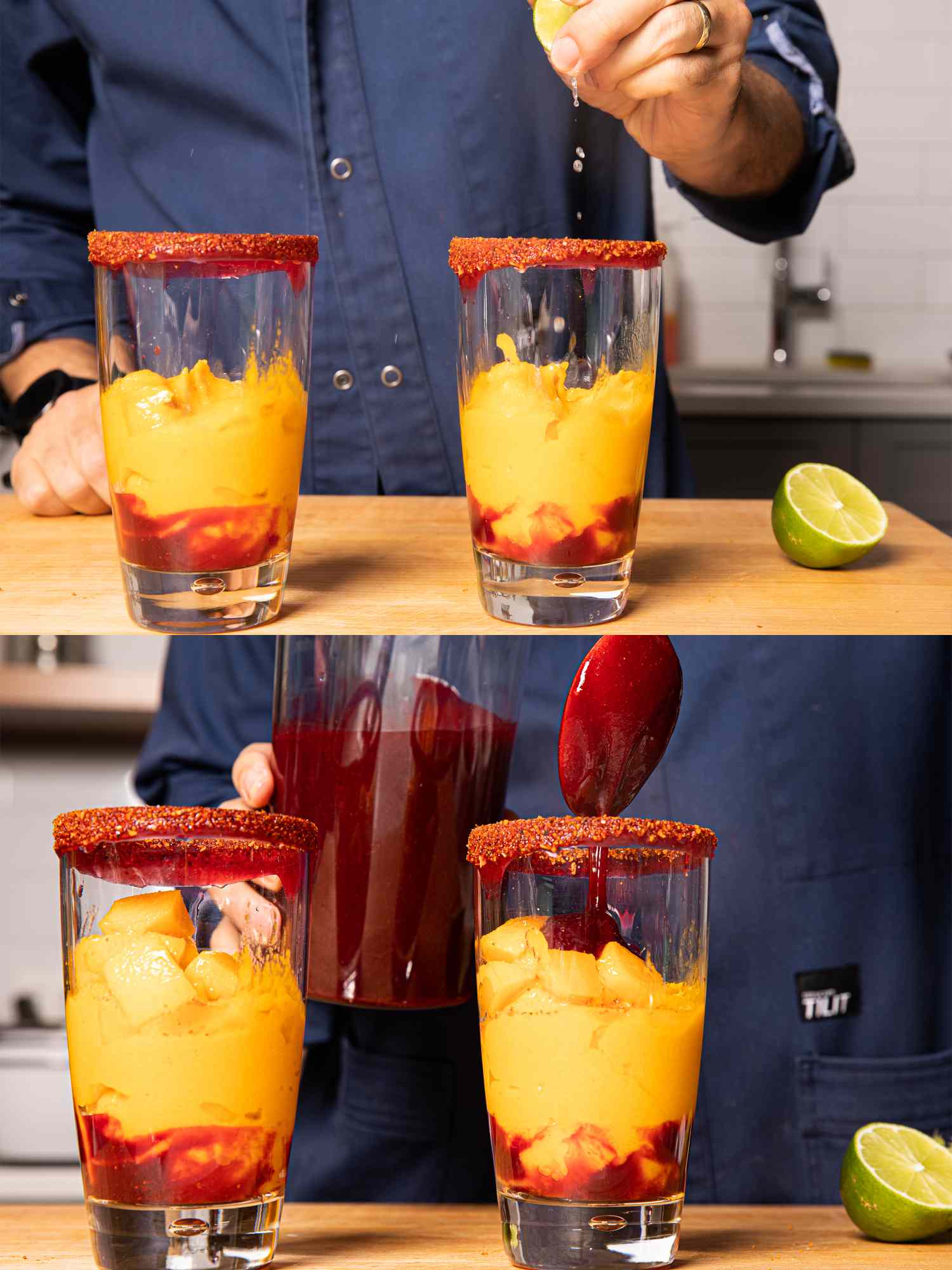 Two image collage of adding more lime juice and chamoy to glasses