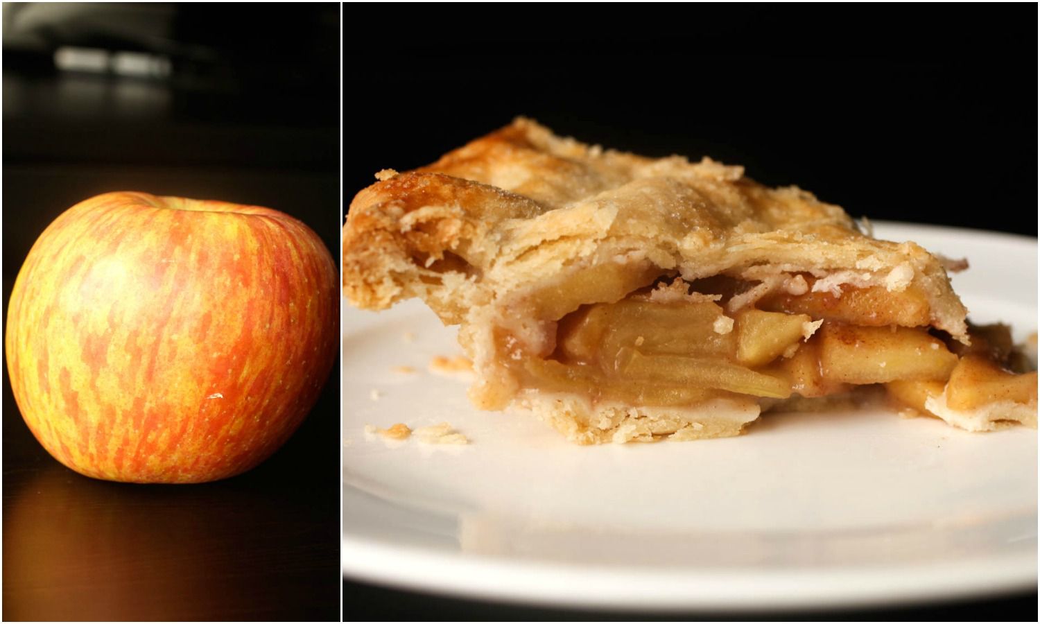 Collage of a Fuji apple next to a slice of pie made with Fuji apples