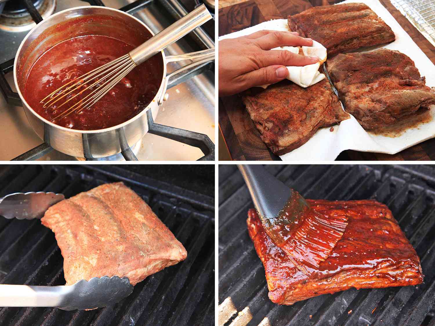 A four-image collage of finishing sous vide pork ribs with a sauce. The top left image shows whisking barbecue sauce on stovetop. The top right image shows patting cooked racks of ribs dry. The bottom left shows browning ribs over a grill, and the bottom right shows brushing the barbecue sauce on the ribs. 