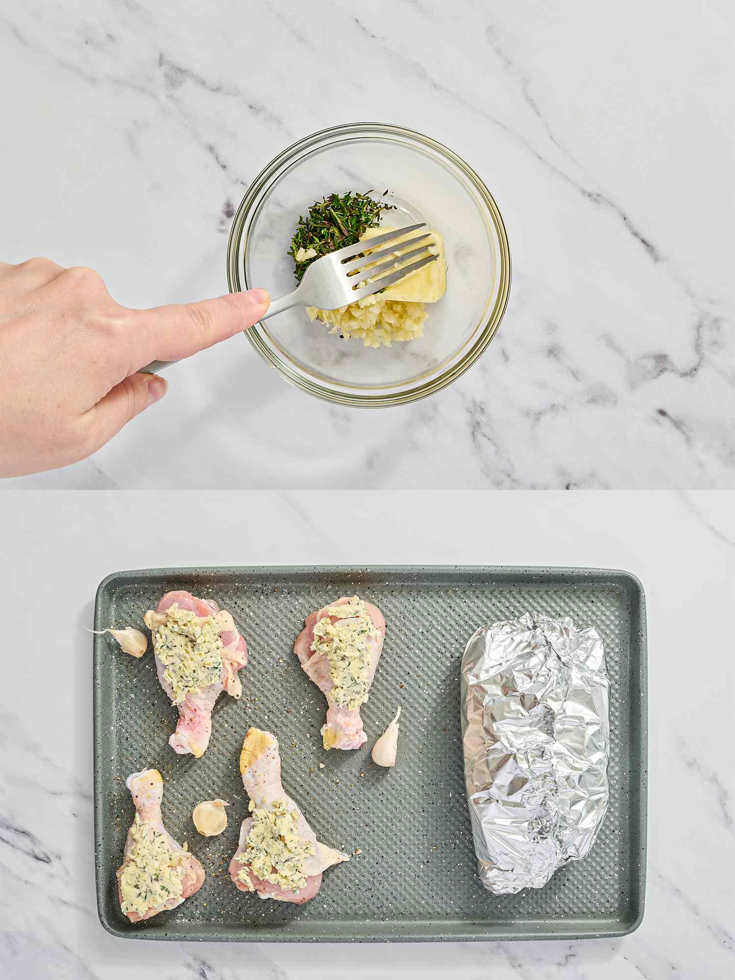 Steps for preparing herbed drumsticks mixing ingredients in a bowl and arranging chicken and foil on a baking tray