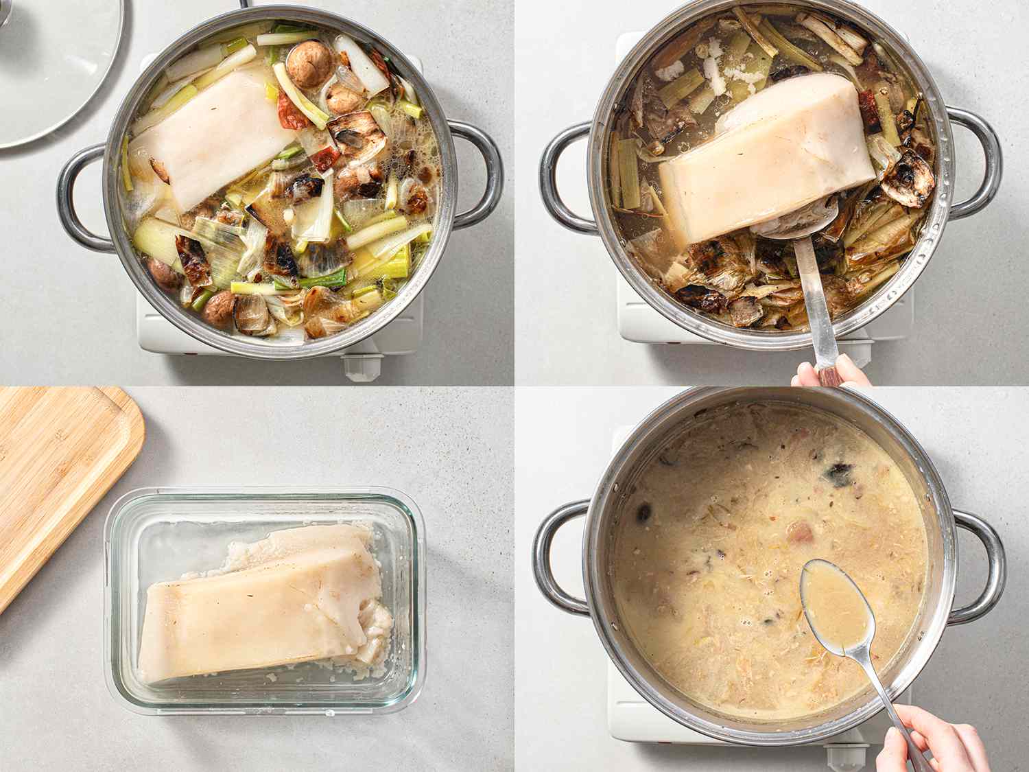 A four-image collage. The top left image shows the pot at a slow boil. The top right image shows the boiled, tender fat back being lifted out of the pot with a spoon. The bottom left image shows the fatback transferred to a sealed glass container. The bottom right image shows a spoon lifting a spoonful of soup out of the pot, showing that it has become opaque and creamy.