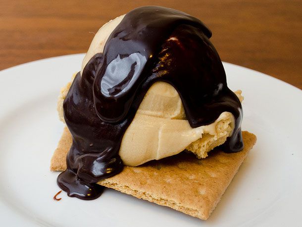 Closeup of s'mores sundae, served on a plate.