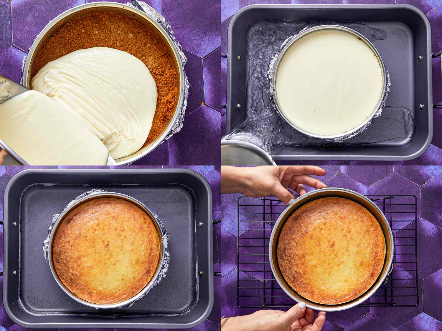 Making a cheesecake stepbystep batter being poured cheesecake in water bath baked cheesecake cooling